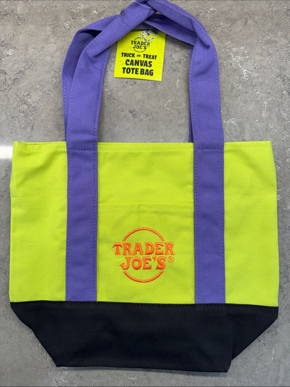 Trader Joe's 🎃 MINI Lime Green Canvas Tote with Purple Handles